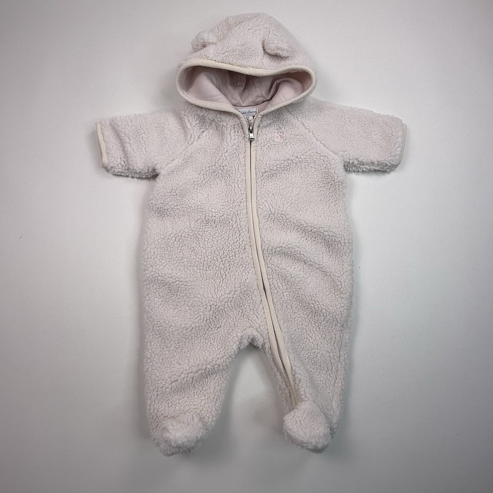 Polo Ralph Lauren Baby Girls' Bear Ear Bunting Long-Sleeve Pramsuit Size 3 Month